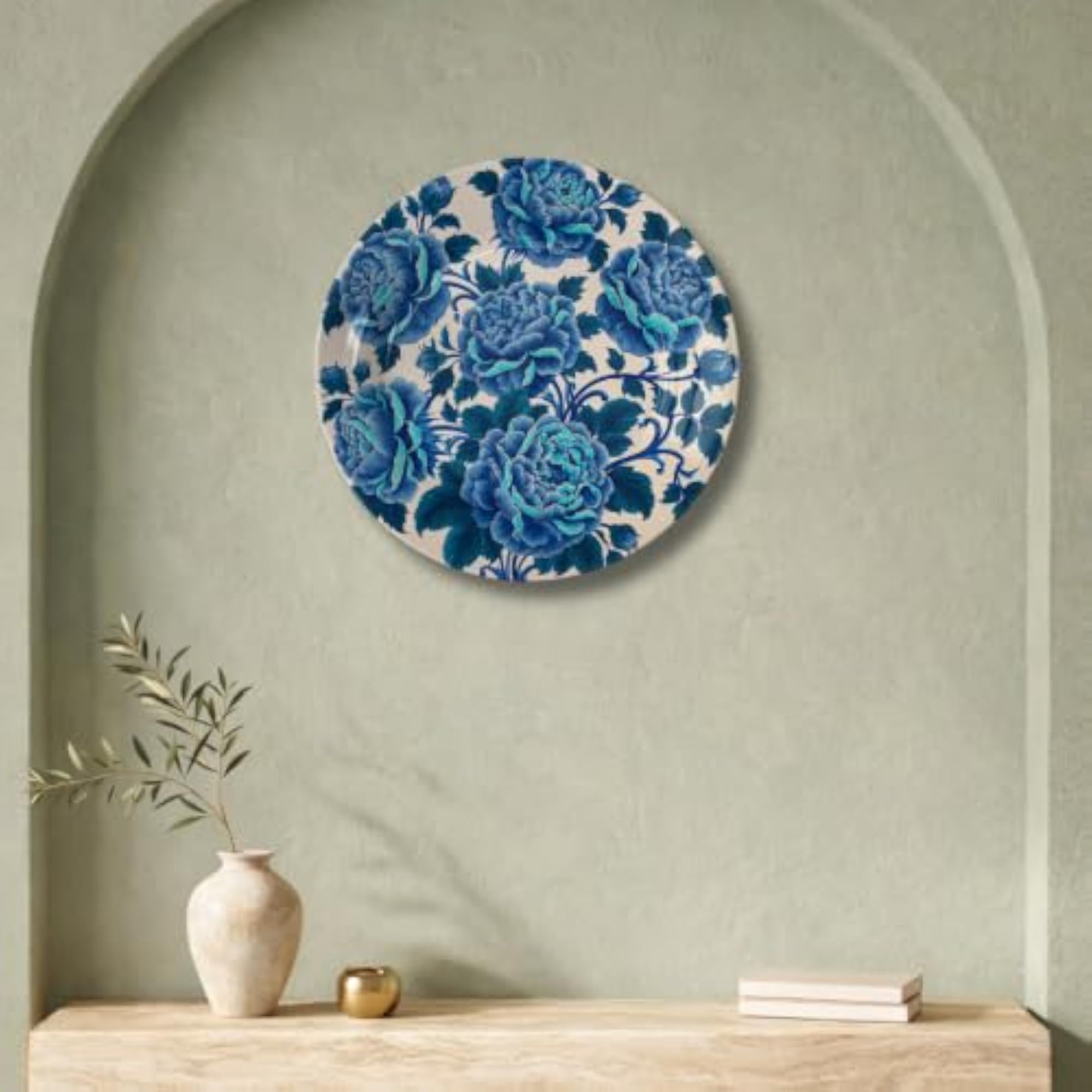 Blue Floral Ceramic Art Plate with Display Stand, Decorative Wall Hanging