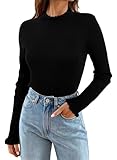 EVALESS Womens Casual Sweaters Fall Outfits 2024 Ruffle Crewneck Long Sleeve Pullover Sweaters Cute Ribbed Knit Slim Fit Solid Color Sweater Basic Base Layer Tops Clothes Black Small