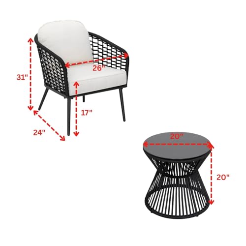 Image of LOCCUS 3-Piece Outdoor Patio Furniture Set | 2 Rope Wicker Chairs + 1 Round Glass-Top Side Table | All-Weather Rattan Conversation Set for Balcony, Garden & Patio | Comfortable & Compact Design