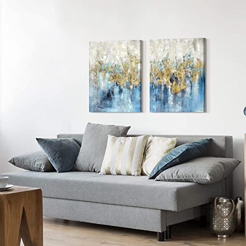 Blue Abstract Wall Art Canvas: 2 Piece Bedroom Living Room Modern Hand Painted Textured Painting Picture Glitter Gold Foil Print Minimalist Contemporary Gallery Artwork For Home Office Decor #TOP3