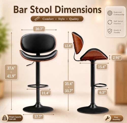 Image of Homall Swivel Bar Stools Set of 2, Counter Height Bar Chairs w /PU Leather Back, Adjustable Height & Footrest, Modern Upholstered Barstools for Kitchen Island Dining Room Bar, Black