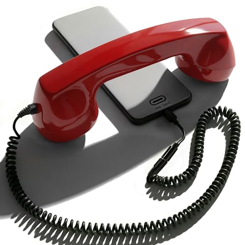 Opis Technology 60s Micro Retro Phone Handset for Smartphones, Corded Receiver with 3.5 mm Plug and USB-C Adapter, for Android, Tablets and Computers (Red)