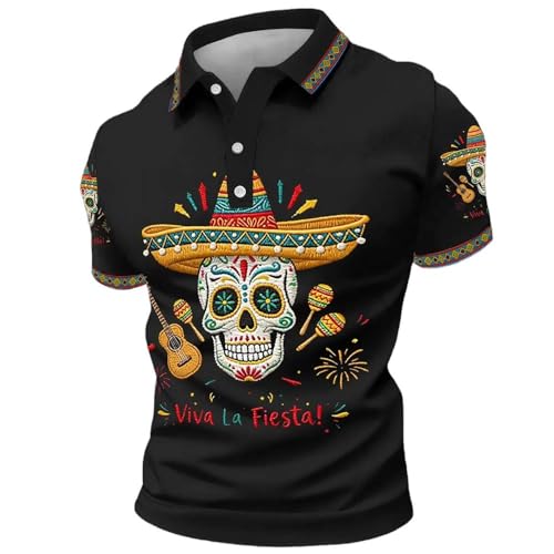 Men's Cinco De Mayo Viva La Fiesta! Print Casual Polo T-Shirt Mexican Sugar Skull Sombrero Tee Viva La Fiesta Tshirt Cinco De Mayo Shirt Mexican Fiesta Outfit Mexican Skull Top