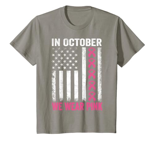 in October we Wear Pink Us Flag Breast Cancer Awareness T-Shirt, Youth, Slate Grey, X-Small