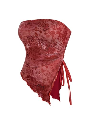 Milumia Women's Floral Print Strapless Tube Top Ruched Drawstring Asymmetrical Tank Tops3