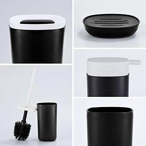 Wopeite 6 Pcs Bathroom Accessory Set Accessories Bath Set Plastic with Toilet Brush, Toothbrush Tumbler, Trash Can, Toothbrush Holder, Soap Dispenser and Soap Dish for Bathroom and Hotel Black