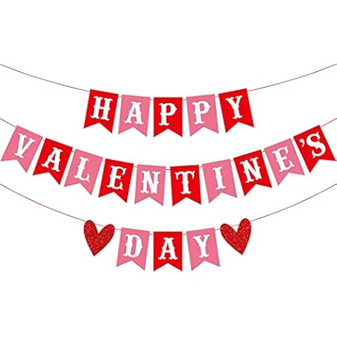 CAVLA Happy Valentine's Day Banner Red Pink Valentine's Day Bunting Banner with Glitter Heart Signs Valentines Day Paper Banner for Home Wall Valentines Party Decorations Supplies Cover