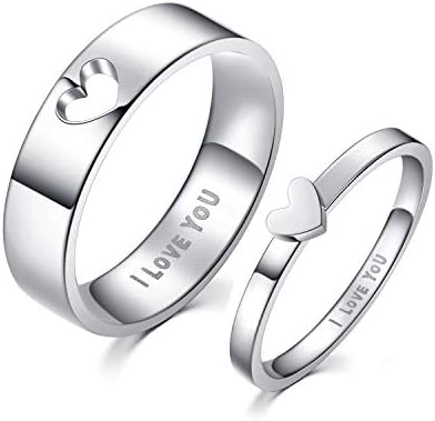 LAVUMO Matching Heart Promise Rings for Couples I Love You Engagement Wedding Ring Band Sets for Him and Her Stainless Steel High Polished Comfort Fit (Men Size 10 & Women Size 7)