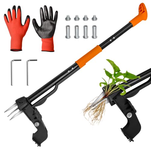 Asly YardMngSter four-claw stand-up weed puller with foot-step and long handle — shows the vertical pulling motion for lawn weeds