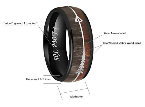 CROWNAL 8mm Black Tungsten Koa Wood Zebra Wood Arrows Inlay Vikings Hunting Ring Band Engraved I Love You Size 5 To 17 (8mm,12)