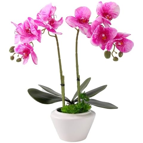 Angerlo 16.5'' Artificial Butterfly Orchid Flowers in Vase, Realistic Faux Flower with Pot Fake Silk Plant for Home Arrangement Indoor Decor (Peach) Cover