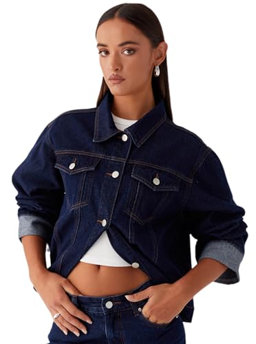 Women's Classic Collared Folded Cuffs Dark Indigo Denim Jacket
