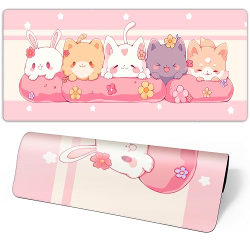 Kawaii Mouse Pad Cute Mouse Pad Pink and Green Anime Cute Desk Pad Laptop Keyboard Mouse Pad Desktop Pad Large 31.5 x 11.8 inch Stitched Edge Non Slip Rubber Base Office Girl Home Decor