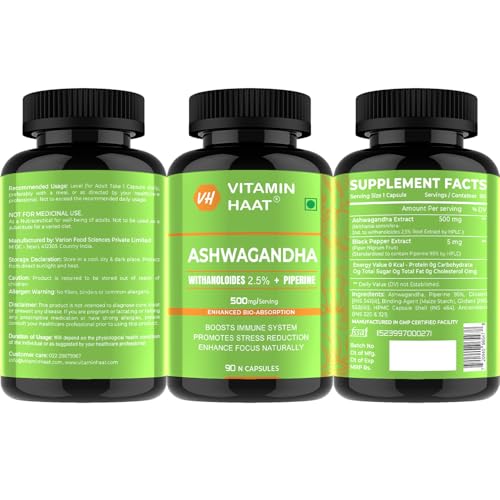 Image of Ashwagandha Supplements 90 Capsule| Organic Ashwagandha Powder Supplement for Men & Women | Supports Stress Relief, Energy & Recovery | Withanolides 2.5%, Piperine Bio Enhanced Formula by VitaminHaat