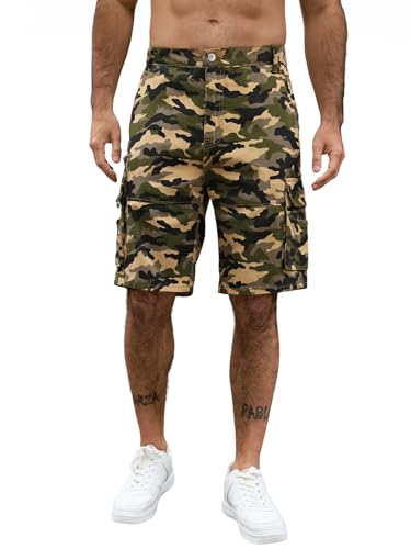 LBDLONGBIDA Men's Denim Shorts Jean Cargo Jorts, Khaki Camouflage, 38