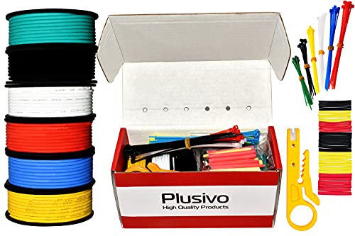 20 AWG Stranded Wire Kit – Silicone Coated Copper Wires 20 Gauge Pre-Tinned 23ft/7m Each Spool, 6 Colors (Black, Red, Yellow, Green, Blue, White), Electrical Jumper Wire Hook Up Wire Kit from Plusivo