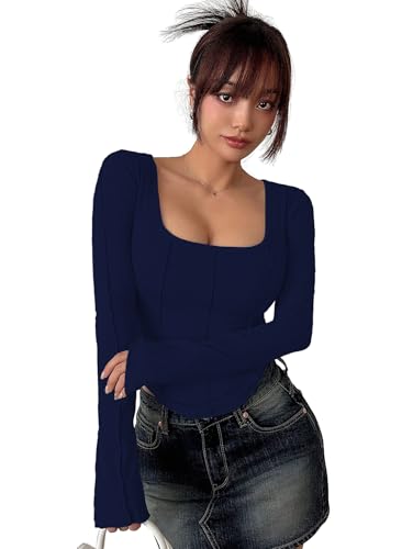 Image of Sugathari Women's Black Solid Long Sleeve Wrap-Style Square Split Crew Neck Bodycon Women T-Shirt Spring and Summer Top, Minimalist and Fashionable for Everyday Casual Wear Tops (T-Shirt 181)