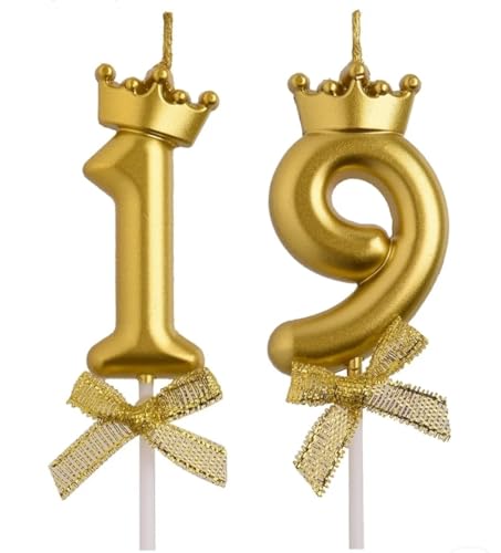 Image of Number 19 or 91 Candle with Crown for Birthday, Wedding, Valentines Day Celebration, Bridal Shower, Bachelorette Cake Topper for Decoration, 2 pc, Gold