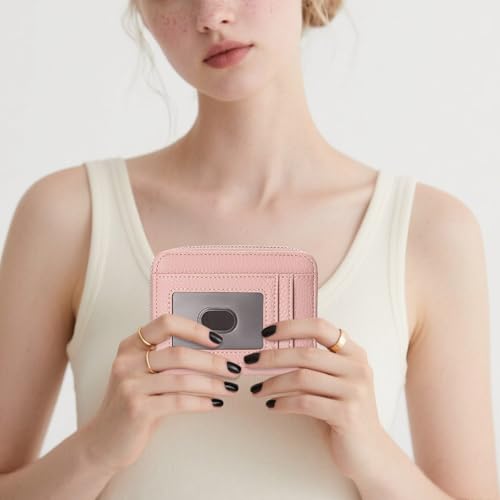 Image of GOIACII Womens Credit Card Holder Wallet Zip RFID Blocking Card Case Wallets Compact Size with ID Window Pink