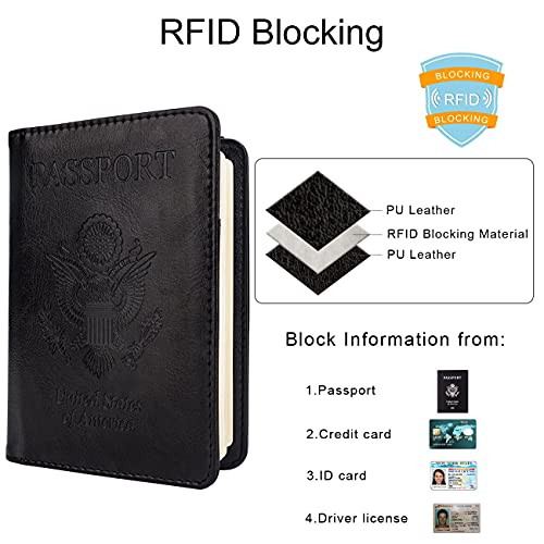 Image of WALNEW Passport Holder for Travel, RFID Passport Cover Wallet for Women Men, PU Leather Passport Book Card Holder Case with Pen (Elastic Band Closure, A-Black)