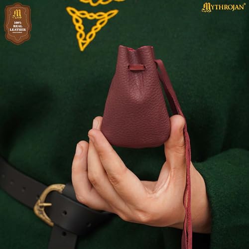 Image of Pack of 2 Mythrojan Small Trinket Pouches Suede Leather Drawstring Coin & Dice Bags for LARP, SCA, Viking & Medieval Events, Color : Dark Wine Red