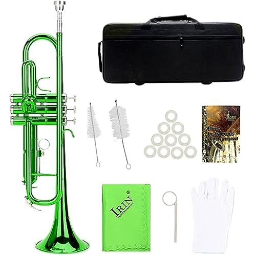 Trumpet Flat Brass colored Exquisite Musical Instrument with Assistant Tools Set (Green)