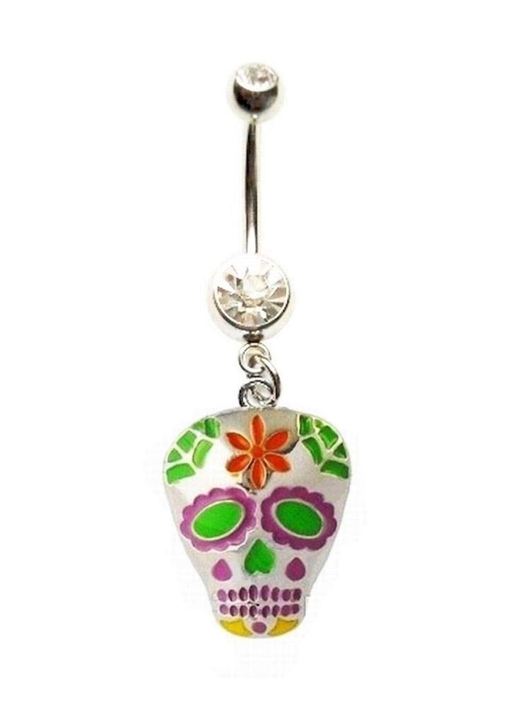 Heavens JewelrySUGAR SKULL SKELETON DAY OF THE DEAD VOODOO Navel Belly Button Ring Body Jewelry Piercing 14G