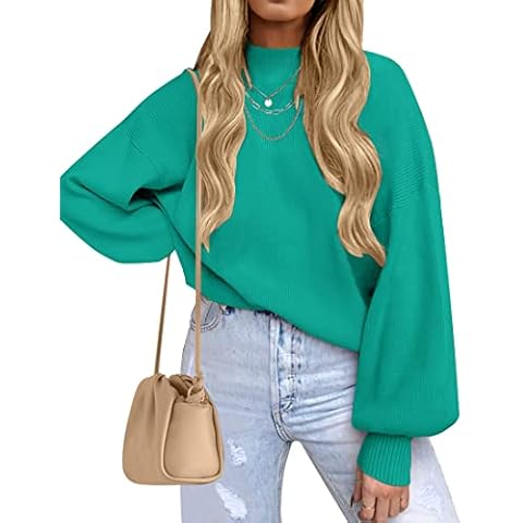 ZESICA Women's Fall Turtleneck Long Lantern Sleeve Casual Loose Ribbed Knit Pullover Sweater Jumper Top, Peacock, Medium Cover