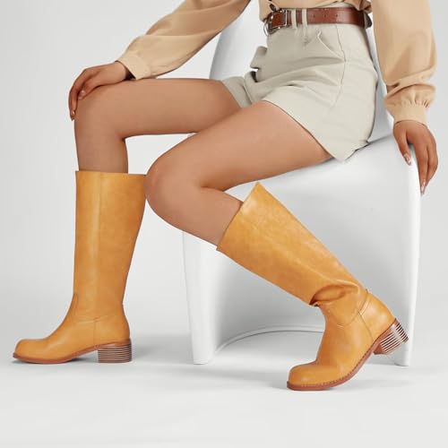 Hodeery Women's Knee High Boots Square Toe Tall Boots Wide Calf for Women Platform Chunky Block Heel Comfortable Banana Yellow 7 — view 5