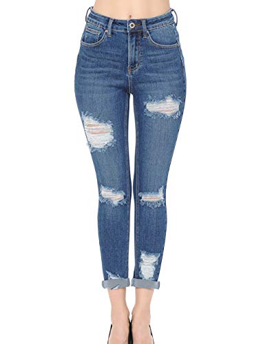 WAX JEAN Women's 'Butt I Love You' Push-Up High Rise Destructed Capri Jeans in Heritage Denim Fabric