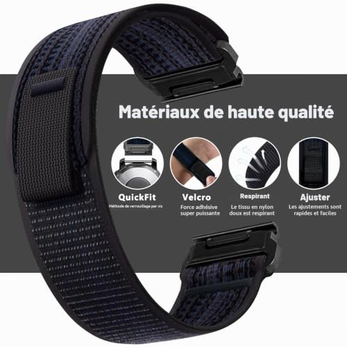 ZoRoll 26mm QuickFit Bracelet pour Garmin Enduro 3 / Fenix 8 51mm/Fenix 7X Pro/7X/6X/5X/5X Plus, Souple Élastique Nylon Bracelet pour Garmin tactix 7 AMOLED/Epix Pro 51mm/Enduro - Noir Bleu – vue 2