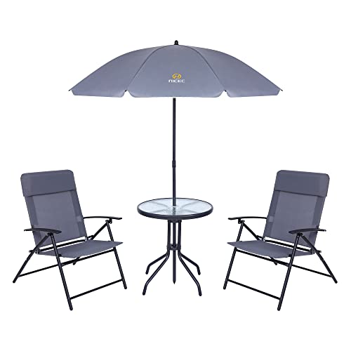 Nice C Patio Set with Umbrella, Outdoor Dinning Set, Patio Furniture Set, Table and Chairs, 4-Piece Garden Furniture Set, Glass Table, 2 Folding Chairs and Tilt Umbrella (Grey)