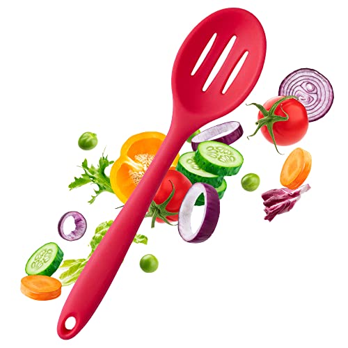 StarPack Premium - Cuchara ranurada de silicona para servir - Alta resistencia al calor hasta 800 ° F, utensilio de cocina de diseño higiénico de una pieza para drenar y servir (rojo cereza) Cover