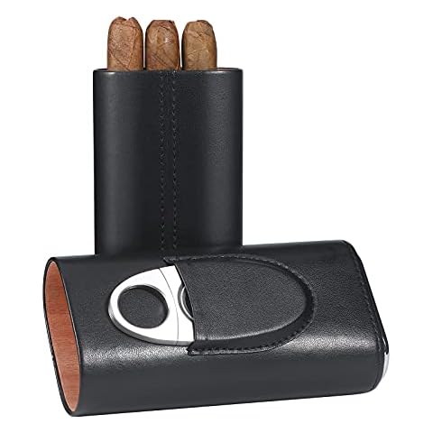 Ekkhysis Cigar Case for Men, Leather Cigar Travel Case with Cutter, Spanish Cedar Wood Lined Cigar Humidors Gifts for Men (Black) Cover
