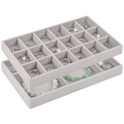 ALIIP Aparador Organizador de Terciopelo, 2 Piezas Bandeja Organizador de Joyas, Apilables Bandeja Joyas, Caja de Almacenamiento para Cajónes, Guardar y Exhibir Aretes, Collares Joyería (Gris-C)