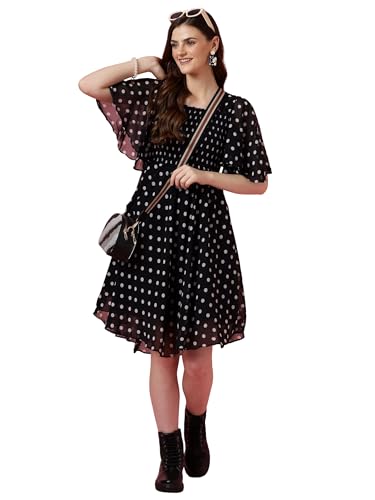 Image of Sheetal Associates Women's Fit and Flare Polka Print Georgette Flared Sleeve Casual Dress