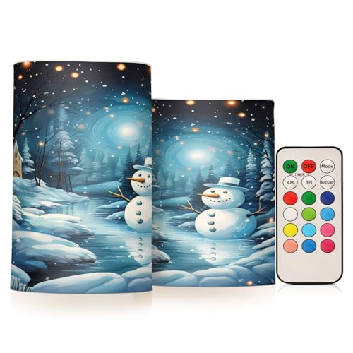 ALAZA Christmas Night with Snowman Flickering Flameless Candles Battery Operated with Remote Timer,Tea Light Candles LED Pillar Votive Candles Set of 2 for Outdoor Indoor Decorations
