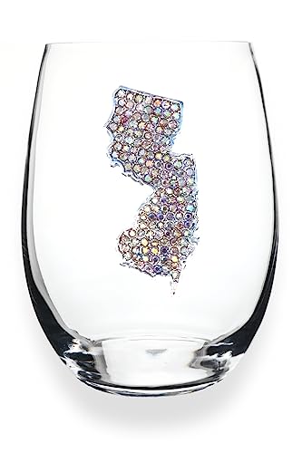 THE QUEENS' JEWELS New Jersey Jeweled Stemless Wine Glass, 21 oz. - Unique Gift for Women, Birthday, Cute, Fun, Not Painted, Decorated, Bling, Bedazzled, Rhinestone
