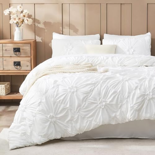 Image of White Comforter Set Queen Size Bed in A Bag 7 Piece Pinch Pleat Bedding Set,Pintuck Ruched Flowers Bed Set with Comforter, Sheets, Pillowcases & Shams