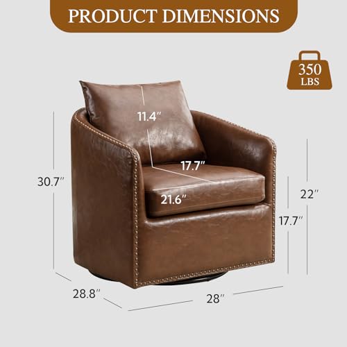 HAOMARKETS 360 Degree Swivel Barrel Chair with Plump Back Pillow, Waterproof Oil Waxed PU Leather Swivel Armchair with Rivets, Comfy Vintage Round Accent Chair for Living Room