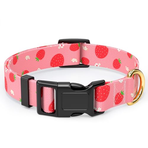 Rnivvi Dog Collar for Small Dogs, Cute Heavy Duty Adjustable Puppy Collar with Quick Release Buckle for Girl & Female, Pet Accessories for Walking Running, XS Length 5/8' Width, Red Strawberries