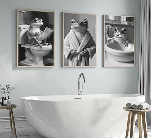 Black and White Bathroom Animal Canvas Wall Art Funny Bathroom Frog Pictures Wall Decor Frog on Toilet Reading Newspaper Posters Prints for bathroom Washroom laundry Room Decorations Unframed by MUJ - Used condition - Image 3