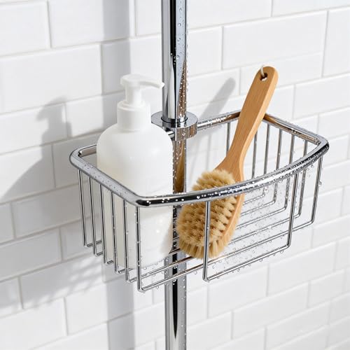 Frafuo Shower Pole Caddy for Shower-6 Size Riser Ring NO Drilling Tension Shower Caddy Basket for Bathroom-SUS 304 Chrome Shower Caddy-Small Shower Caddy Pole with Luxury Standard