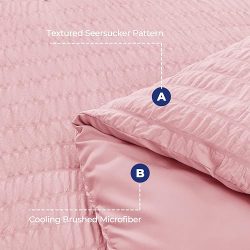 Image of HYMOKEGE Pink Full Size Comforter Sets Seersucker 7 Pieces, All Season Luxury Bed in a Bag for Bedroom, Bedding Set with Comforters, Sheets, Pillowcases & Shams
