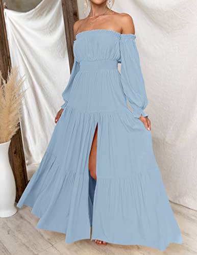 Zesica Women's 2023 Boho Sexy Off Shoulder Long Sleeve Smocked High Waist Side Split Flowy A Line Tiered Long Maxi Dress,Lightblue,Small #TOP7