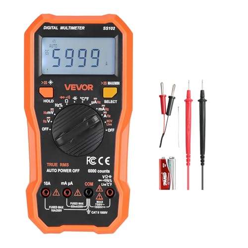 VEVOR Multimètre Numérique, 6000 Points, Multimètre Professionnel NCV TRMS Voltmètre Test de Tension CA CC, Courant, Résistance, Capacitance, Fréquence, Température, Diodes, Continuité, Cycle Service