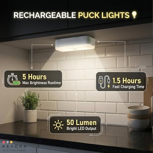Image of KEYORA Rechargeable LED Push Light 1W - Wireless Stick on Magnetic Light for Closet, Cabinet, Kitchen, Wardrobe, Under Cabinet with 3 Colour Temperature (Size 10.6 cm, Pack of 2)