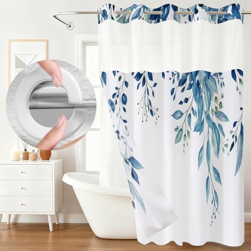 TTNOTOP No Hook 3 in 1 Shower Curtain with Snap in Liner, Sage Blue Plants Shower Curtain Set for Bathroom with See Through Top Window, Machine Washable Waterproof Polyester Fabric Curtain, 71Wx74H by TTNOTOP - Image 8