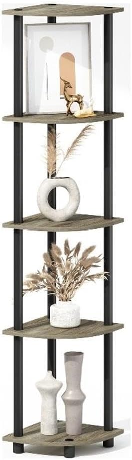 Furinno Turn-N-Tube Storage Shelves, 5-Tier Book Shelf, Corner Shelf with Open Shelves, Toollesss Assembly, for Organization and Storage, Living Room, Home Office, Hallway, Bedroom, Grey Oak