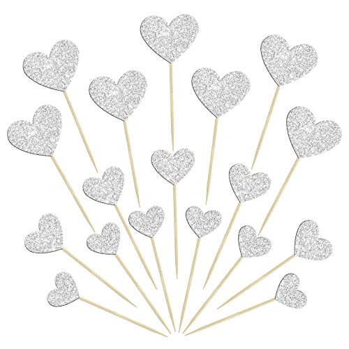 Gyufise 30Pcs Heart Cupcake Toppers Glitter Sweet Love Theme Cupcake Picks Valentine's Day Cake Decorations For Wedding Engagement Bridal Shower Birthday Party Cake Decorations Supplies Silver #TOP6